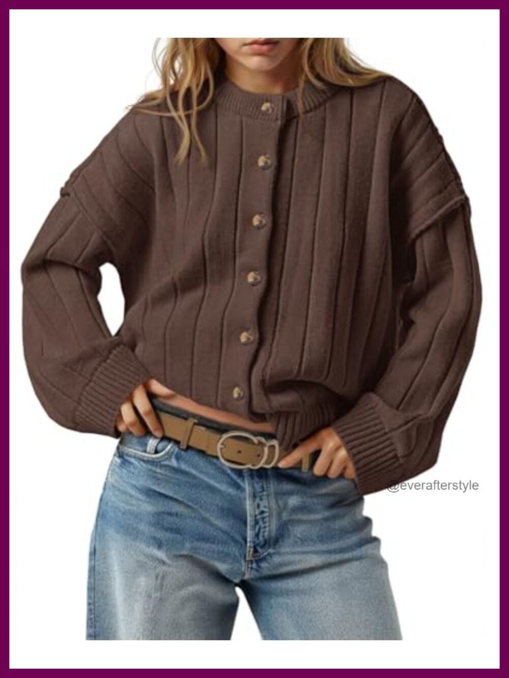 Open Front Button Down Knit Cardigan Long Sleeve Crewneck Loose Fall Sweater